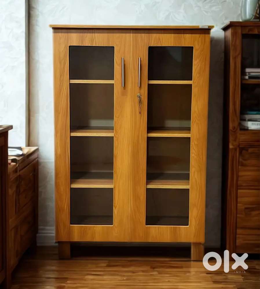 WOODEN BOARD BOOKSHELF WITH GLASS DOORS