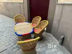 Four Bamboo mudha chair with one table set/ Wooden Charpai/ Cane Tray
