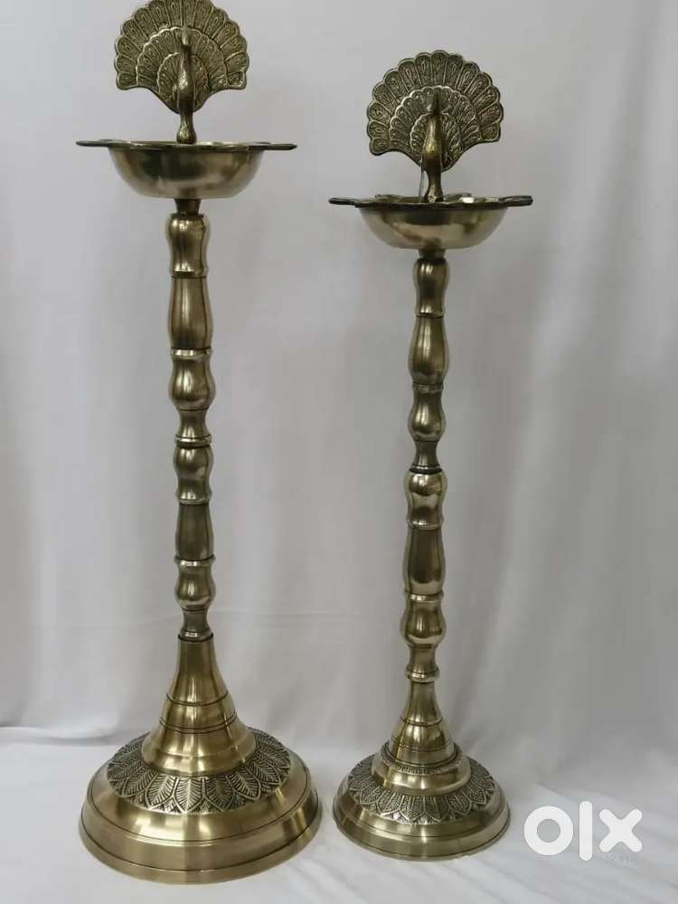 Antique pure brass solid very heavy diya pair 77 & 70 cm.