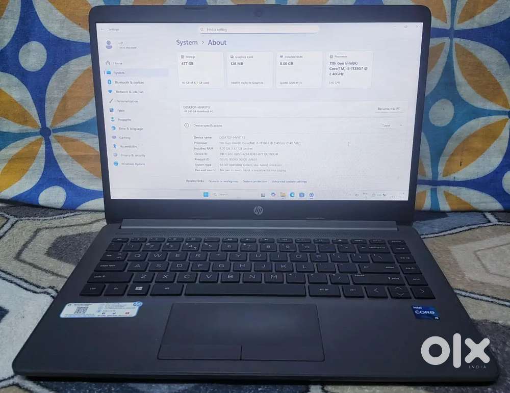 Hp laptop, i5 11th gen, 8gb ram, 512gb ssd, 3 hours battery backup.