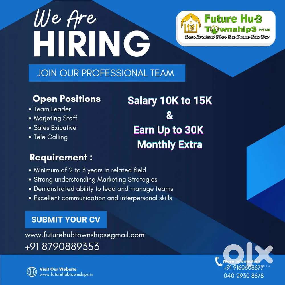 New job notifications, salary up to 12k - Future Hub Townships Pvt Ltd
