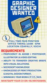 Hiring Graphic Designer in Edapally, Kochi. Full Time Paid Position