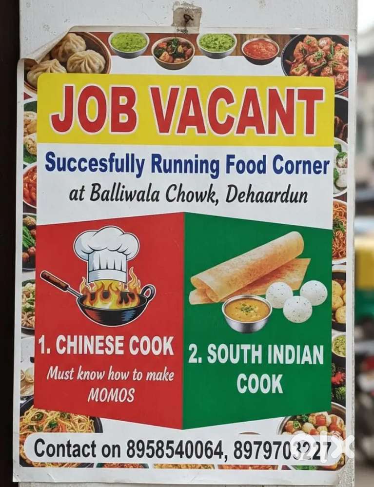 Vacancy for Chinese and South Indian Cook