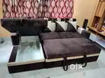 Brown & cream color fabric combination hydraulic sofa cum bed