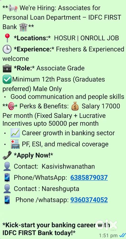 IDFCFIRST BANK ONROLE JOB