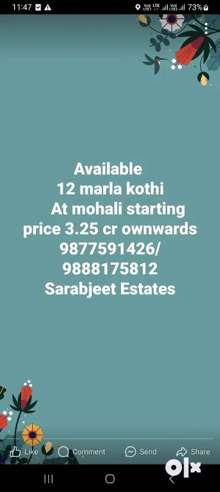 FOR SALE 12MARLA KOTHI AT MOHALI STARTING PRICE 3.25 OWNWARDS
