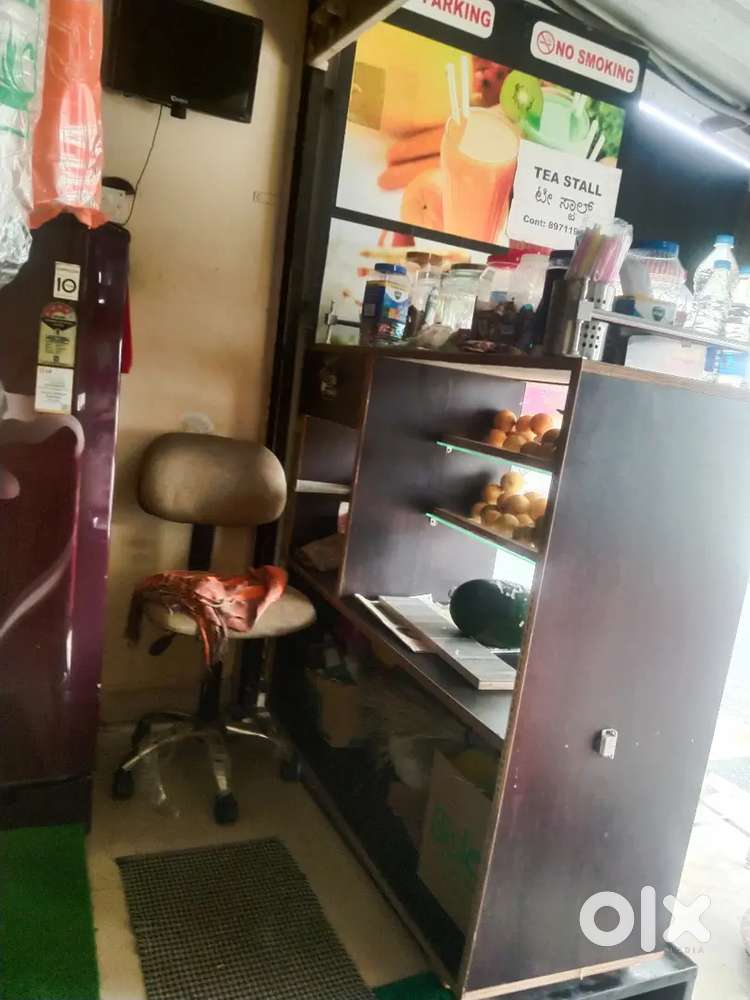 Cash counter, steel table, fridge, chairs, steel selfs, stove, etc