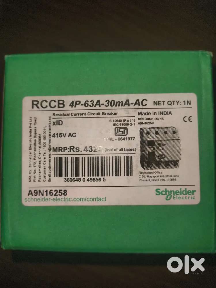Brand New Schneider RCCB 4 pole 63Amps 30mA circuit breaker device