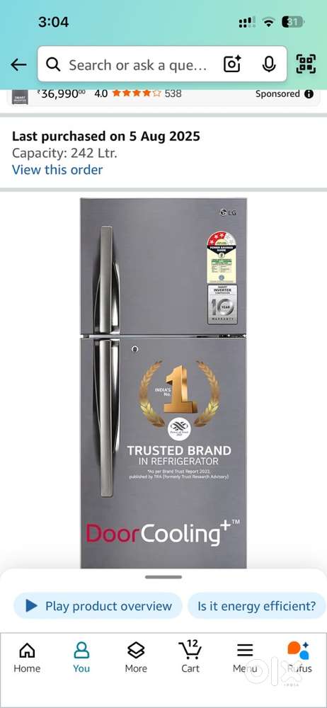 LG 242 L Smart Inverter Fridge 3 months used