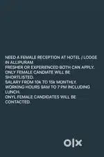 FEMALE RECEPTIONIST REQUIRED AT HOTEL IN ALLIPURAM.
