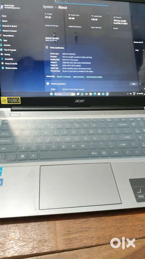 Aser core i3, Gen13th, 8gb ram, storage 512GB window 11.