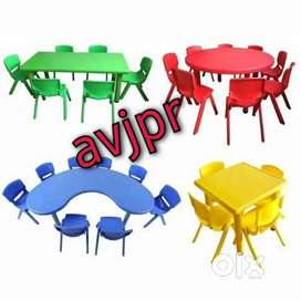 New play school furniture moon table with six chair set kindergarten