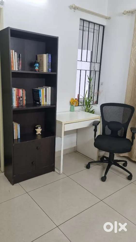 Bed, bookshelf, office chair