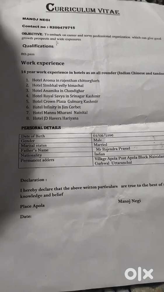 Head chef job requirement