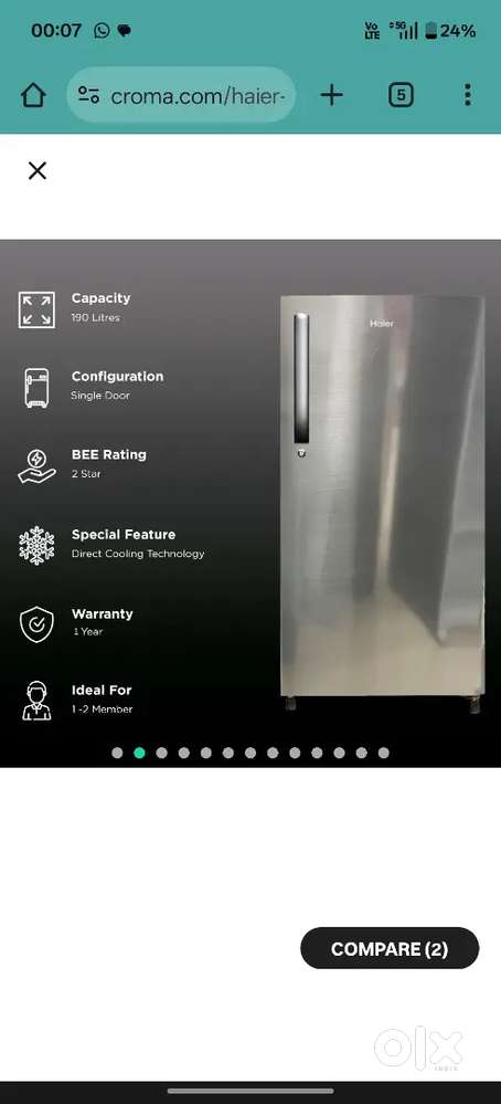 Haier Single door 2 star 190 Liter