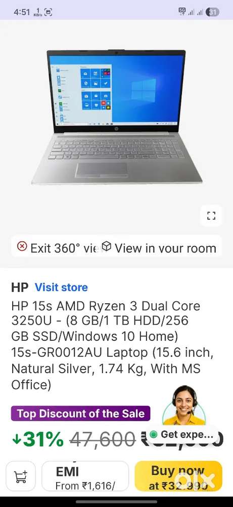 HP15sAMDRyzen3DualCore3250U(8GB/1TB HDD/256GB SSD/Windows10Home)Laptop