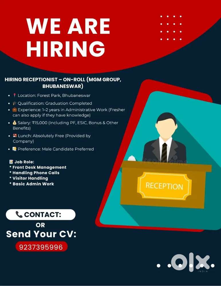Receptionist Required  Male Preferred  Forest Park Bhubaneswar