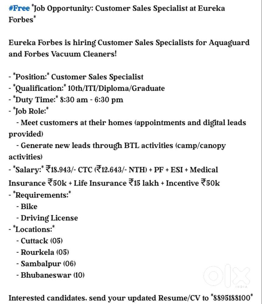 BDE, Customer Sales Specialist, Sales Officer,