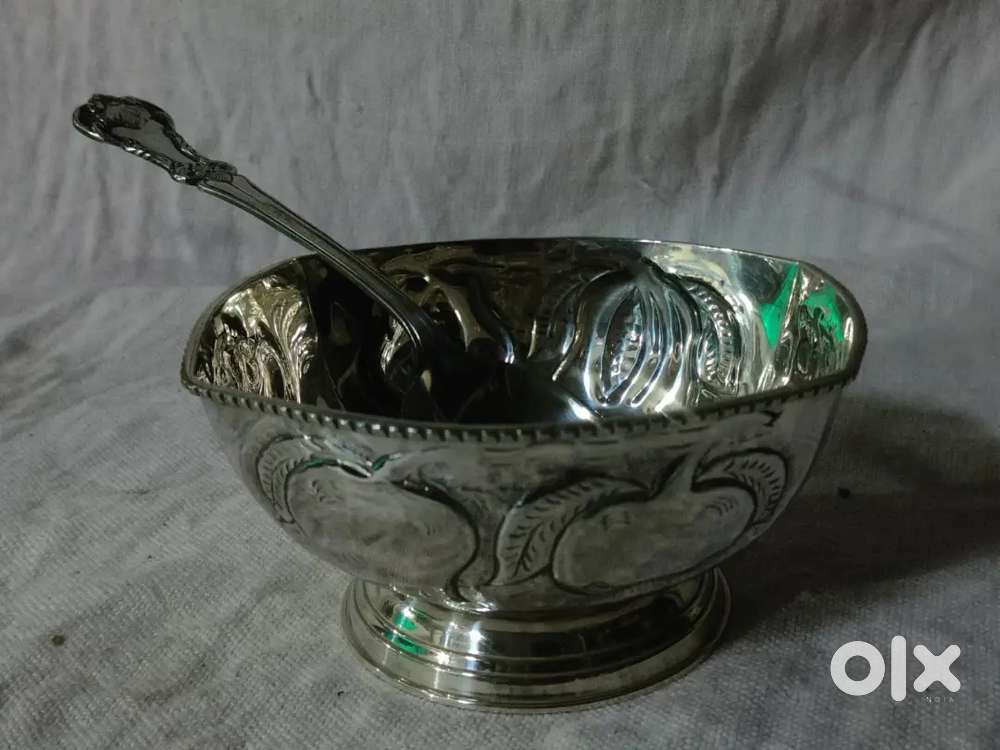Pure brass solid heavy silver micron platted serving bowl with spoon