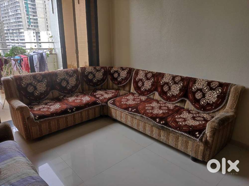 6 Seater L Shaped Sofa, 2 puffies, Diwaan and 5-Seater Dining Table