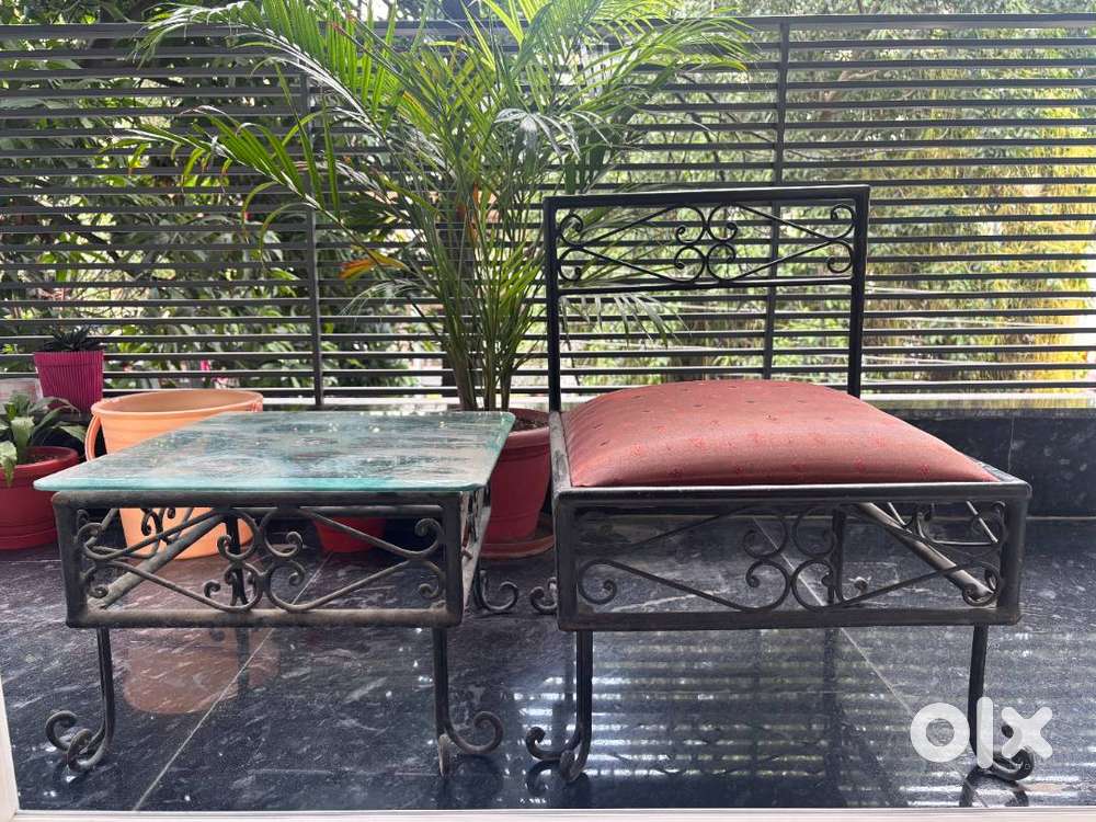 Wrought Iron Chairs (2) and Wrought Iron Glass Top Table (1) Set