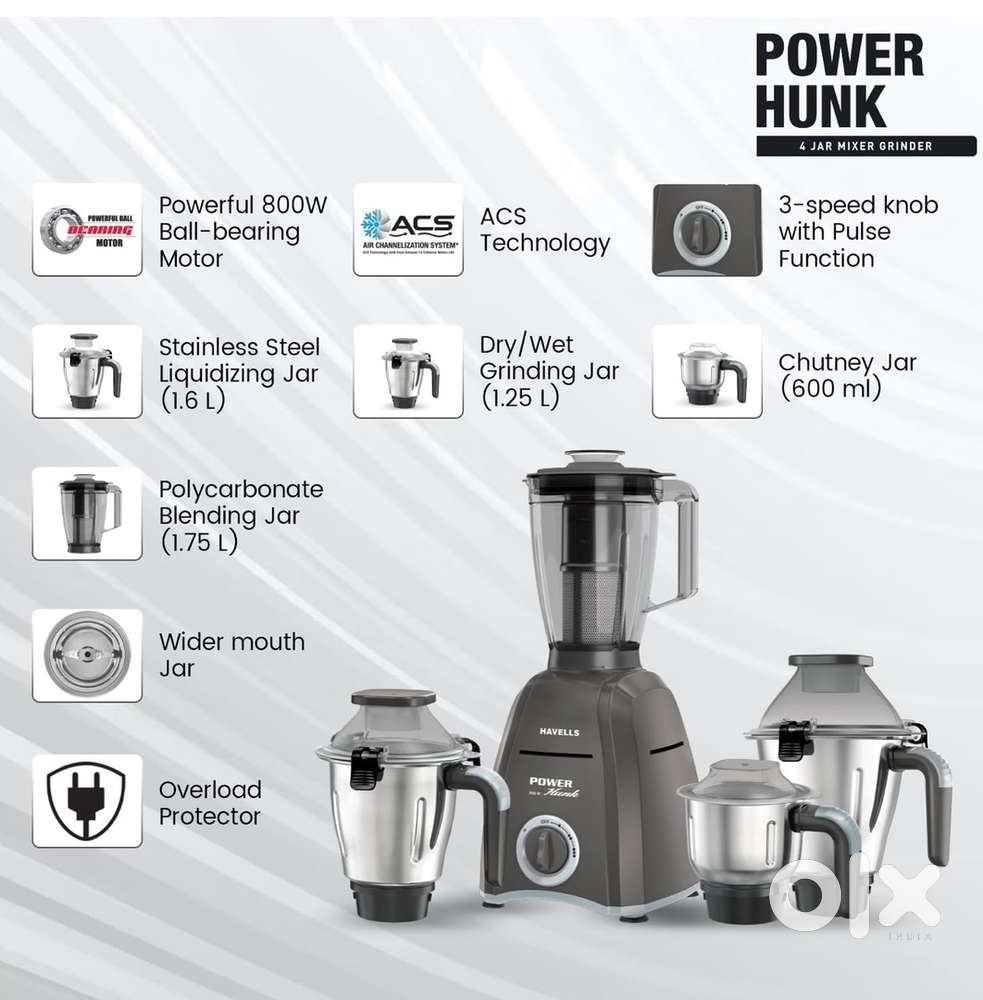 7 Years Warranty 4Jars Havells Power Hunk Mixer 21000RPM Bearing Motor