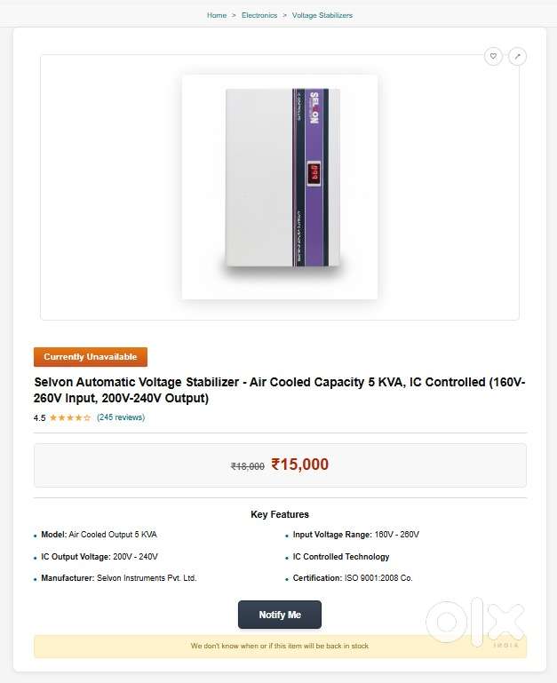 Selvon 5KVA Automatic Voltage Stabilizer Air Cooled IC Controlled