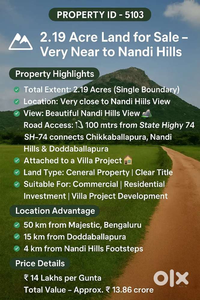 Premium 2.19acre. Property near nandi hills with clear title and road
