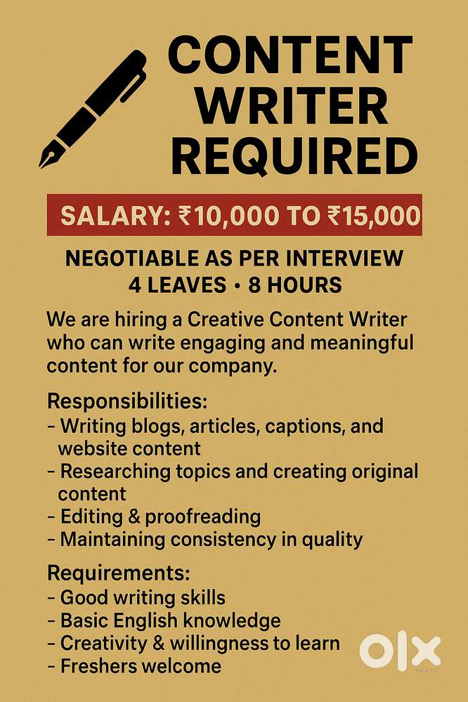 Content Writer Required  Salary: ₹10,000 to ₹15,000