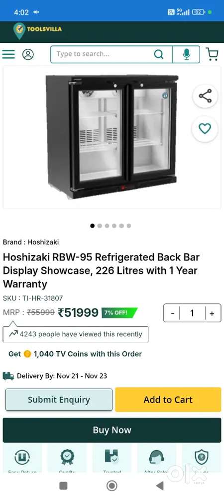 Commercial 226 liter refrigerator available good condition