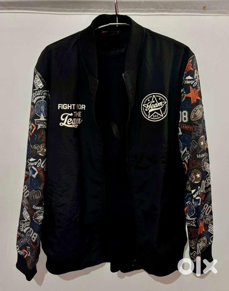 Classic black bomber jacket with printed sleeves