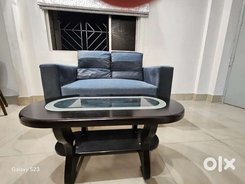 Two seater sofa and a center table.