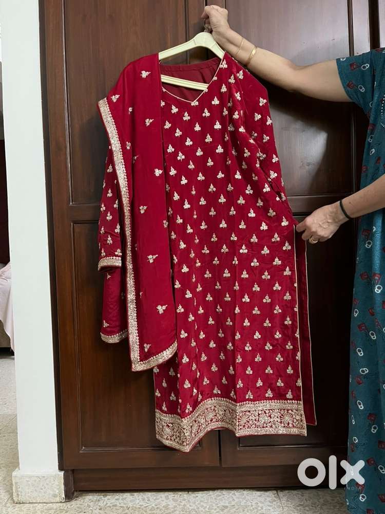 Zardozi Embroidered Pure Silk Red Suit, Churidhar