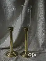 Antique pure brass solid heavy candle lamps pair with chimney 45 cm.