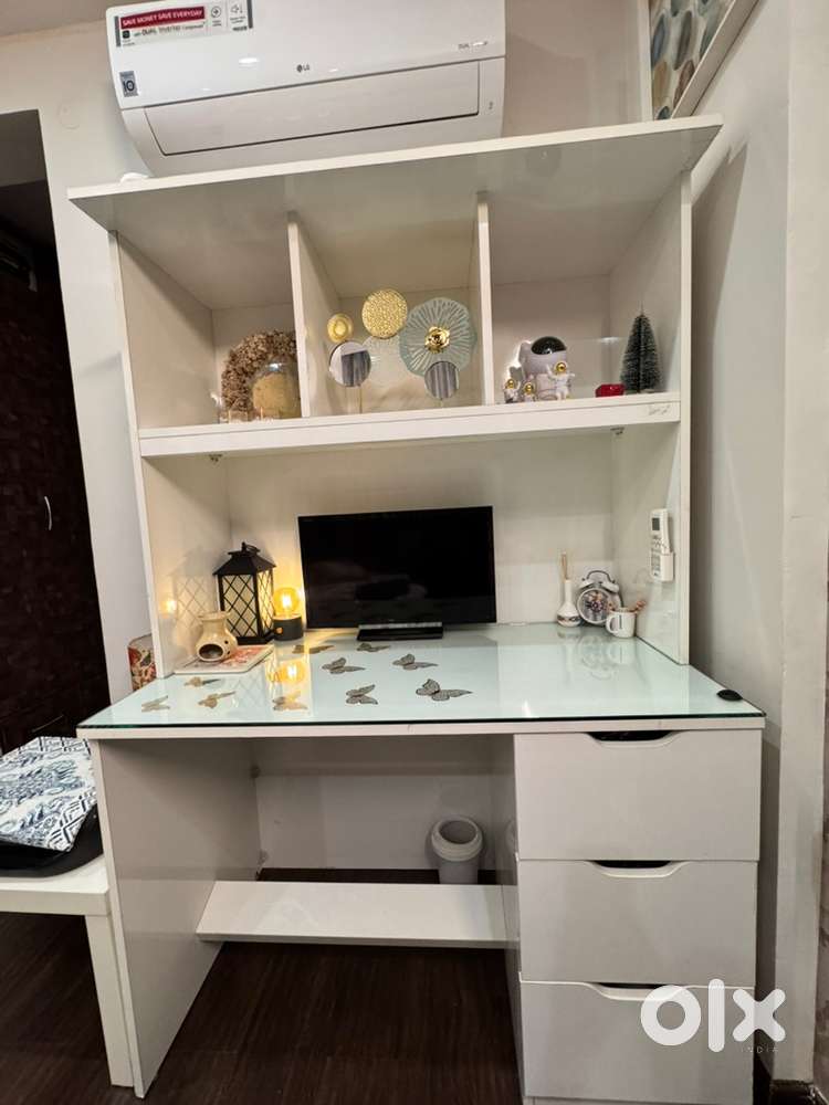 Beautiful White Study & Workstation Table with Shelves and Drawers