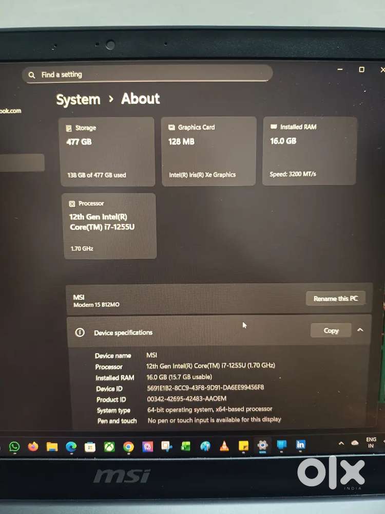 Msi 13 gen Intel i7 12 55u 16 ram and 550 g. Storage