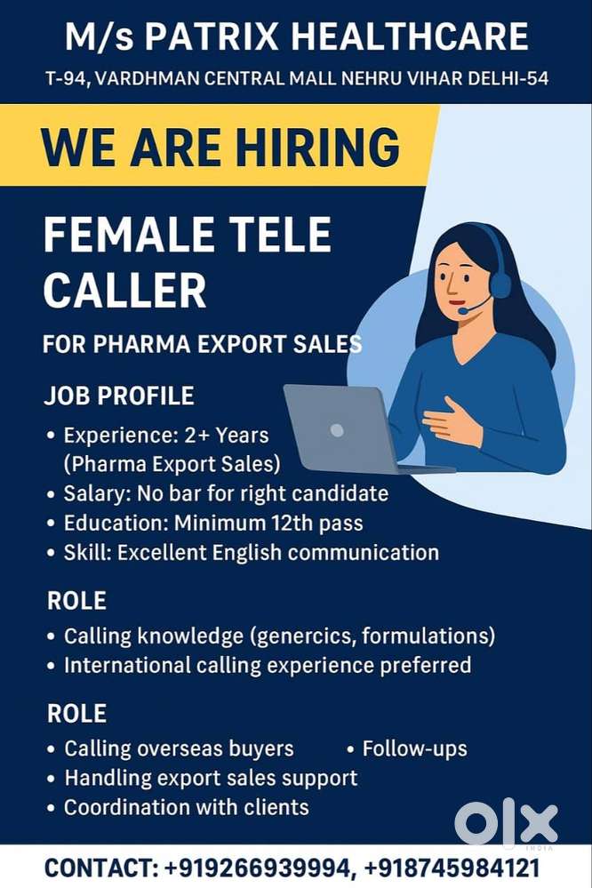 Female telecaller for pharmaceutical export sales