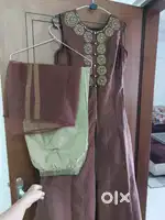 Brown dress with golden pants and dupatta