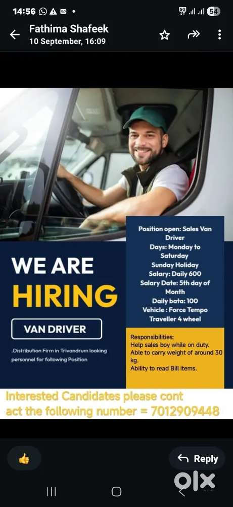 Distribution Firm in Trivandrum looking  for Sales Van Driver