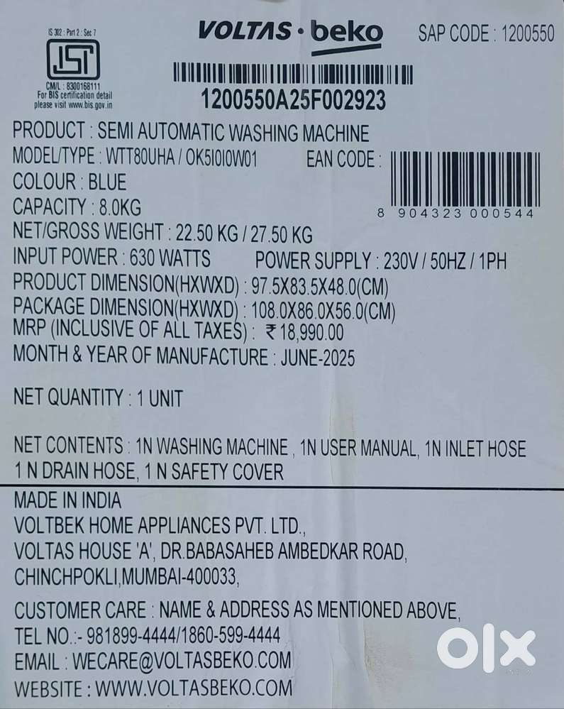 Tata Voltas beko semi automatic washing machine