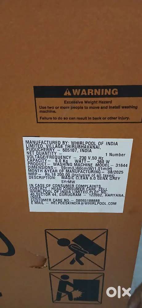 Whirlpool washing machine of 6 kg , fully automatic