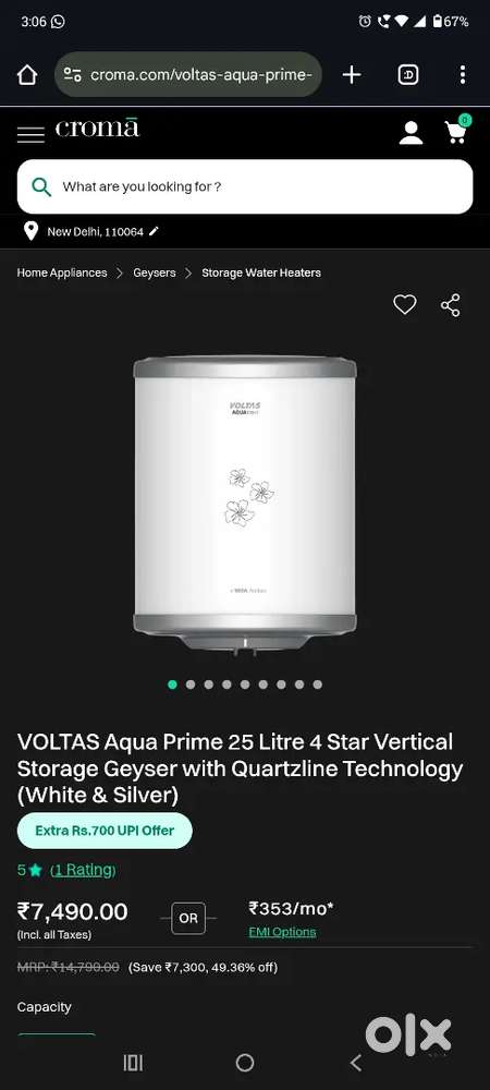 Voltas Aqua Prime 25L Geyser  Excellent Condition  4-Star
