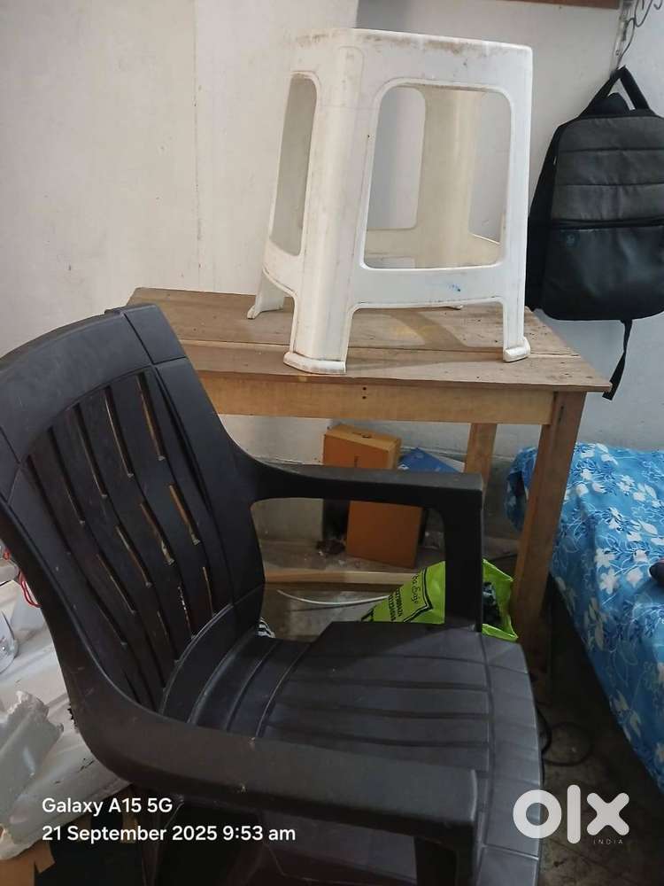 Branded chair, Wooden table, Plastic stool
