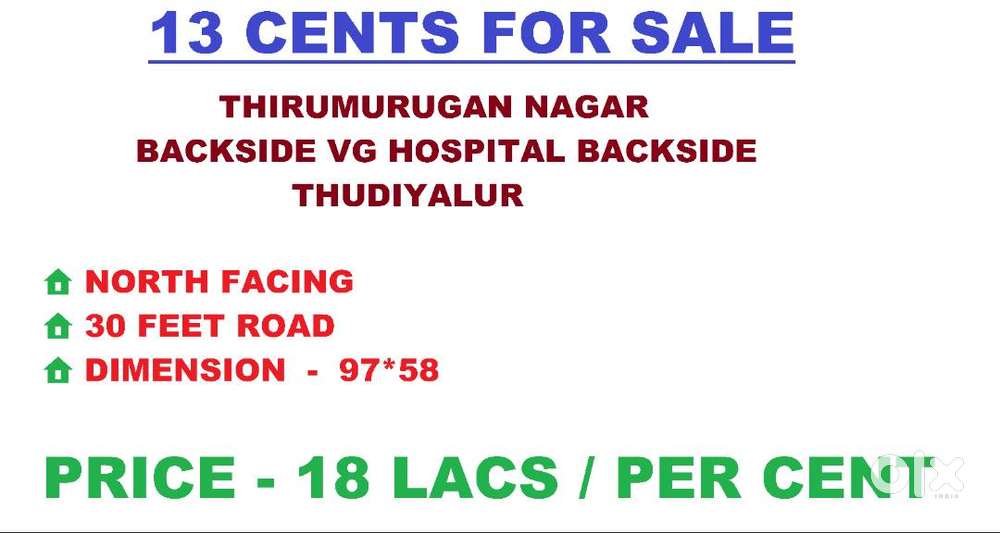 13 CENTS FOR SALE - THUDIYALUR -  VG HOSPITAL BACKSIDE