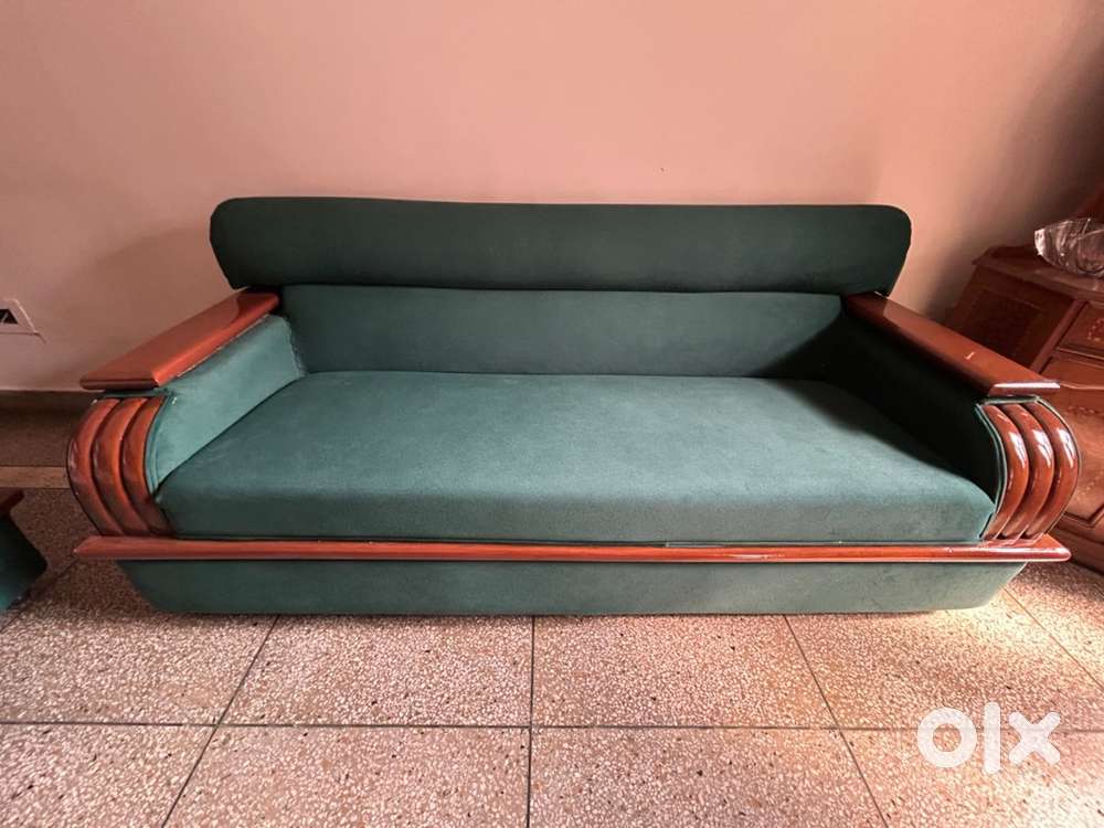 Elegant 5-Seater Teak Wood Sofa with New Dark Green Velvet Upholstery