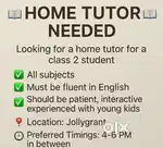 Home tutor needed for 2 class boy all subject