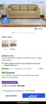 Croma Leatherette 3-Seater Sofa (Beige) with Cover  Good Condition