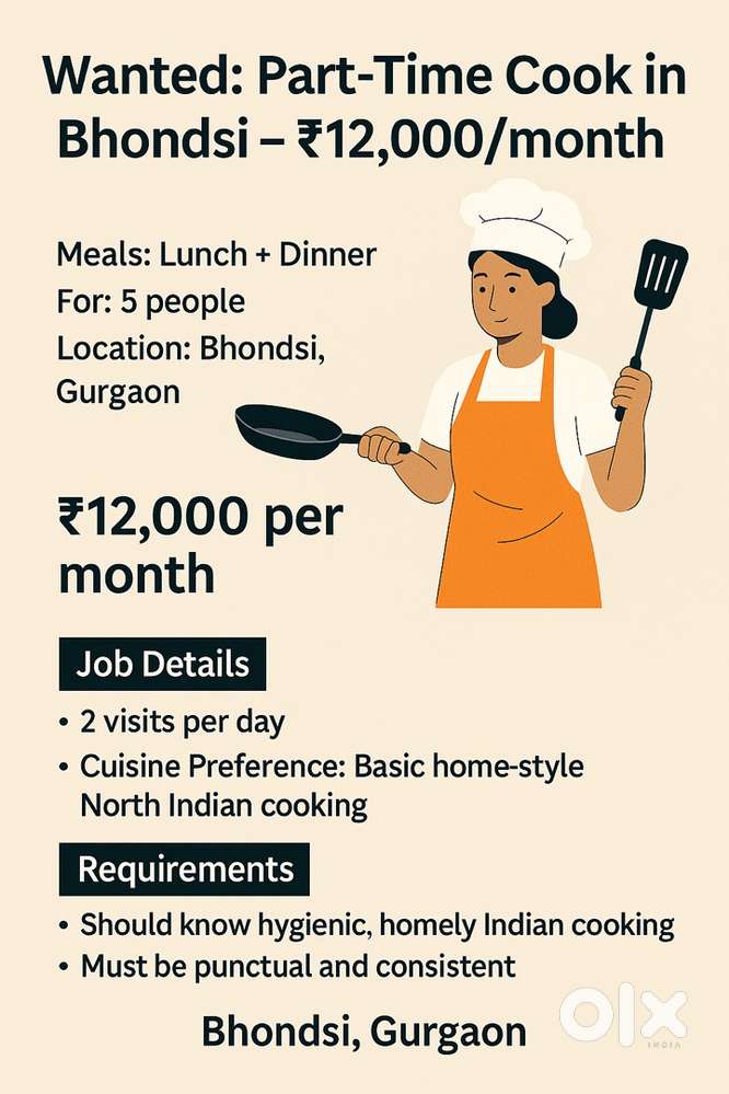 Wanted part time cook in Bhondsi