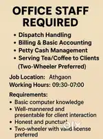 Need office staff: dispatch, data handling, client services, cash