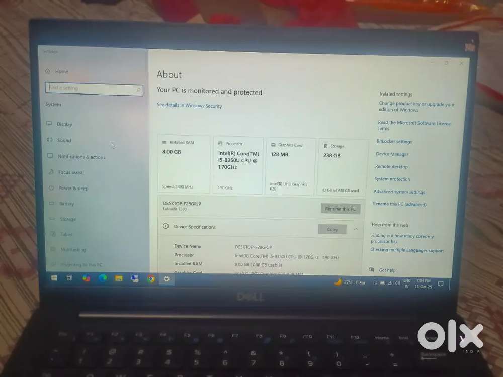 Dell laptop Core i5 processor 8 generation Ram 8 GB SSD drive 256 GB